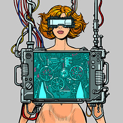 Image showing cyberpunk female robot wearing virtual reality glasses