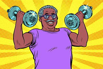 Image showing elderly african man lifts dumbbells, fitness sport