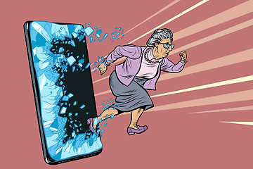 Image showing female retired lady and new technology concept. grandmother punches the screen of the smartphone and goes online