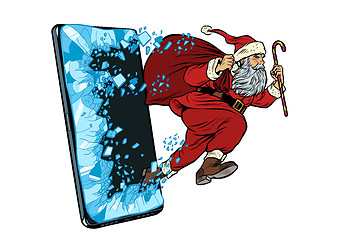 Image showing Christmas online sales concept. Santa Claus comes out of the smartphone