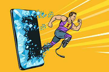 Image showing legless male athlete running with a prosthetic Phone gadget smartphone. Online Internet application service program