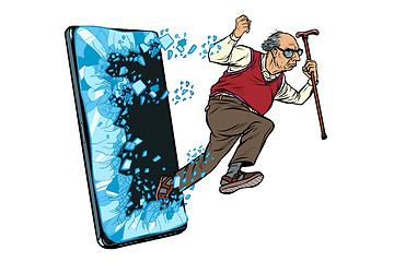 Image showing old man retired grandfather Phone gadget smartphone. Online Internet application service program