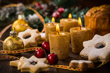 Image showing Christmas still life with homemade cookies and candles