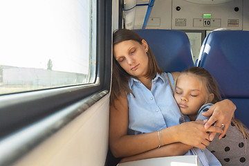 Image showing Mom and daughter hugging sleeping in a train car