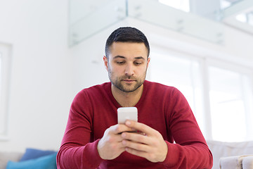 Image showing young man using a mobile phone  at home