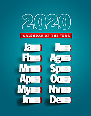 Image showing Paper cut calendar with shadow. Yearly 2020 vector calendar on blue background