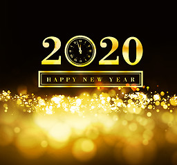 Image showing Happy New Year 2020 with gold particles and a clock in the number zero. Vector golden illustration