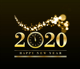 Image showing Happy New Year 2020 with gold particles and a clock in the number zero. Vector golden illustration