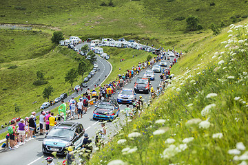 Image showing Row of Technical Cars in Pyrenees Mountains - Tour de France 201