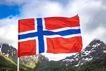 Image showing Norway Flag. Beautiful Nature Norway natural landscape.