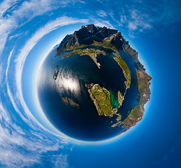 Image showing Mini planet Lofoten is an archipelago in the county of Nordland,