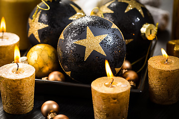 Image showing Christmas still life with ornaments and candles