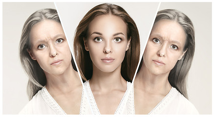 Image showing Comparison. Portrait of beautiful woman with problem and clean skin, aging and youth concept, beauty treatment