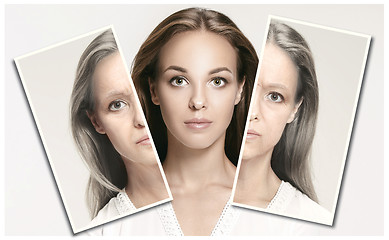 Image showing Comparison. Portrait of beautiful woman with problem and clean skin, aging and youth concept, beauty treatment