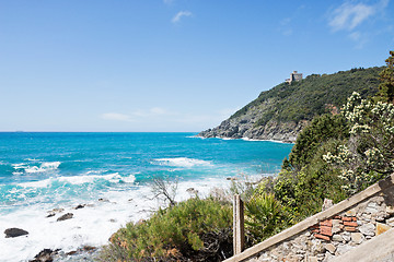 Image showing Beautiful azure sea and the rocky beach