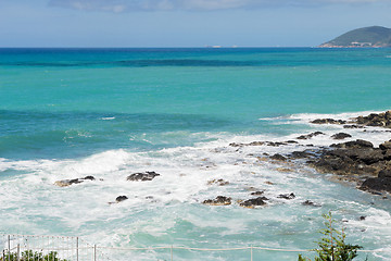 Image showing Beautiful azure sea and the rocky beach