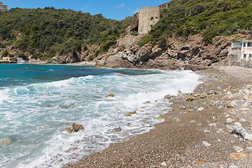 Image showing Beautiful blue sea and the rocky beach