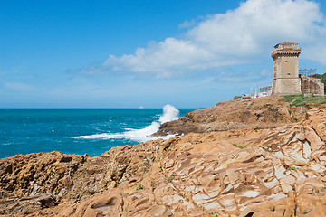 Image showing Beautiful azure sea, castle and the rocky beach