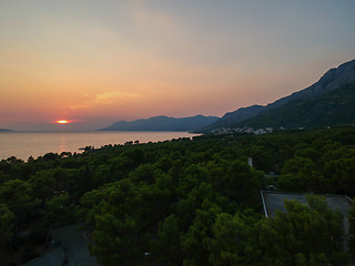 Image showing An aerial view from drone to the trees and sunset over sea