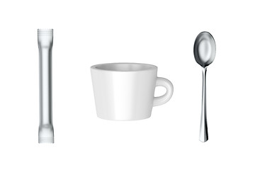 Image showing Coffee cup, sachet with sugar and spoon