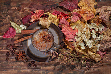 Image showing Autumn Leaves And Cup Of Coffee