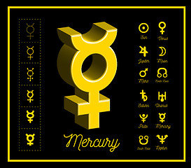 Image showing Mercury planet sign with other astrological symbols of the planets on black background. Vector