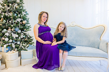 Image showing Beautiful pregnant woman in ultra violet dress sitting with doughter