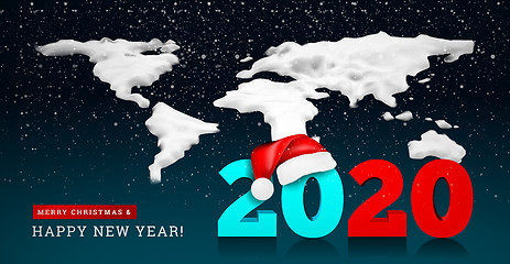 Image showing Happy New Year 2020 on the background of a snowy ice world map. Numbers 2020 under the hat of Santa Claus. Vector