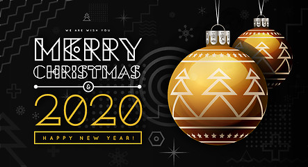 Image showing Congratulations on New Year 2020 and Christmas with golden Christmas balls with a trendy design on the background. Memphis geometric design elements. Vector illustration