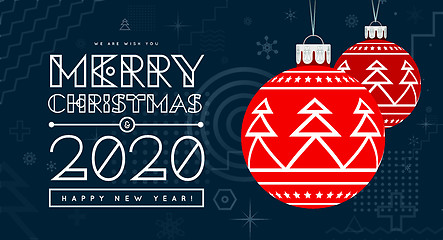 Image showing Congratulations on New Year 2020 and Christmas with red Christmas balls with a trendy design on the background. Memphis geometric design elements. Vector illustration