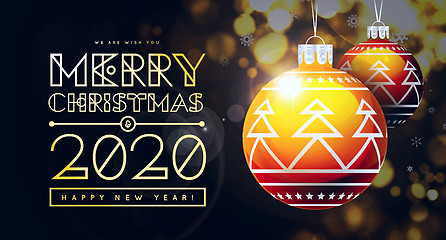 Image showing Congratulations on New Year 2020 and Christmas with golden Christmas balls with a trendy design on the background.