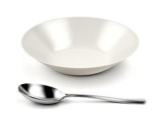 Image showing White empty bowl and silver spoon