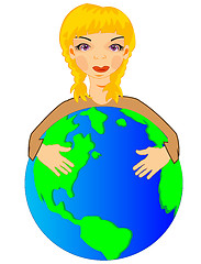 Image showing Vector illustration of the girl embracing hand globe