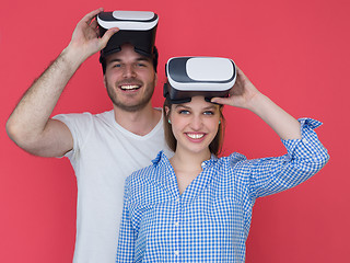 Image showing happy couple using VR-headset glasses of virtual reality