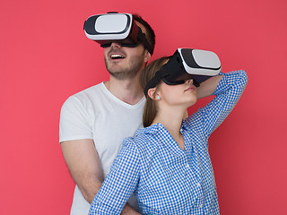 Image showing happy couple using VR-headset glasses of virtual reality