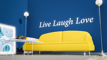 Image showing orange sofa in a blue room live laugh love