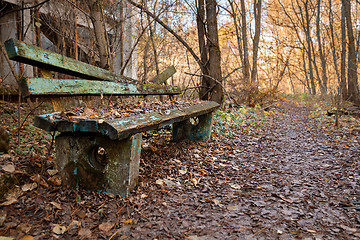 Image showing Old destroyed bench next to path