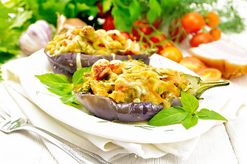 Image showing Eggplant stuffed smoked brisket in plate on table