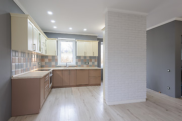 Image showing Luxury modern provence styled grey, pink and cream kitchen interior