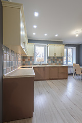 Image showing Luxury modern provence styled grey, pink and cream kitchen interior