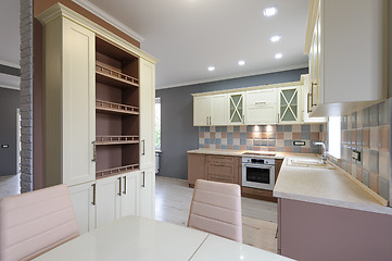 Image showing Luxury modern provence styled grey, pink and cream kitchen interior