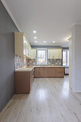 Image showing Luxury modern provence styled grey, pink and cream kitchen interior