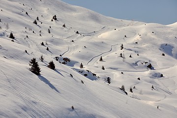 Image showing Skiing slopes, snowy Alpine landscape