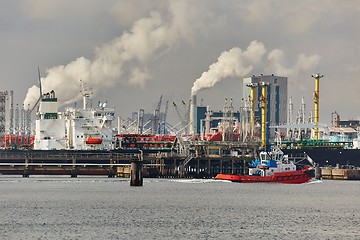 Image showing Industrial port and facilities smoking in the background