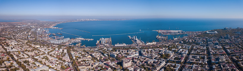 Image showing Panorama of the city of Odessa and the sea with a port against a blue sky on a sunny day. Aerial view from the drone