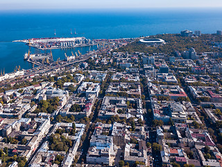 Image showing Beautiful panoramic view of the sea and part of the city of Odessa on a summer day. Aerial view from the drone