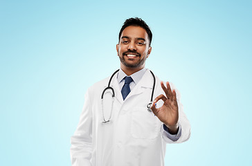 Image showing smiling indian male doctor showing ok gesture