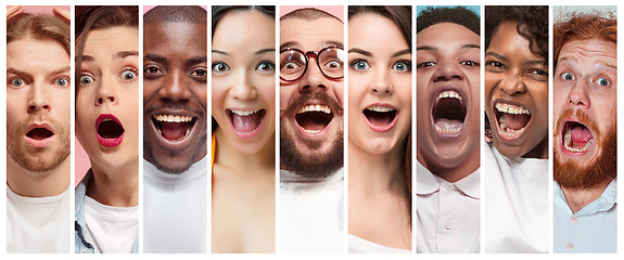 Image showing The collage of young women and men smiling face expressions