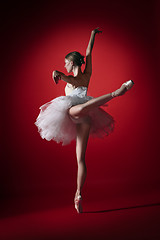 Image showing Ballerina. Young graceful female ballet dancer dancing at red studioskill. Beauty of classic ballet.