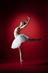 Image showing Ballerina. Young graceful female ballet dancer dancing at red studioskill. Beauty of classic ballet.